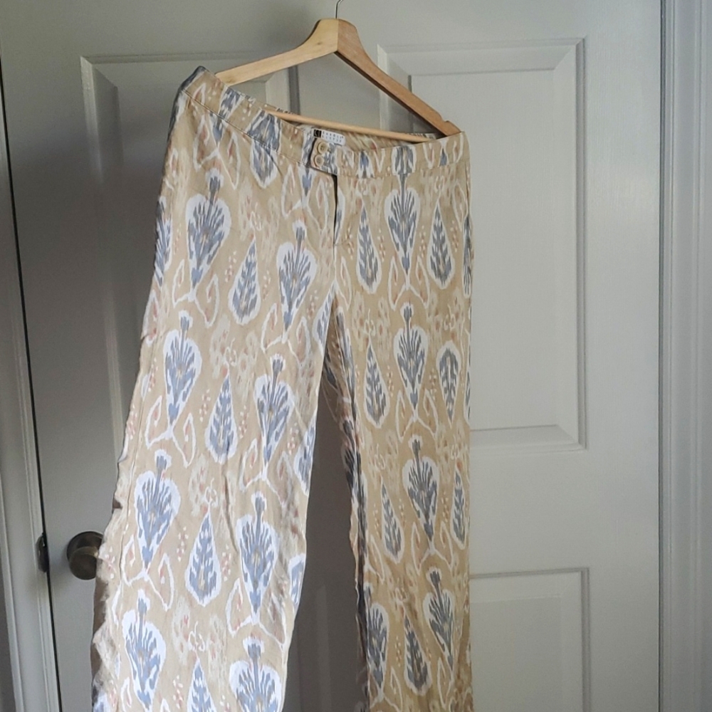Wide Legged Linen Blend Trousers with Leaf Motif